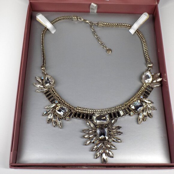 LOFT Statement Necklace Deco Sparkly White Colorless and Smoky Stones Cluster - Picture 5 of 8